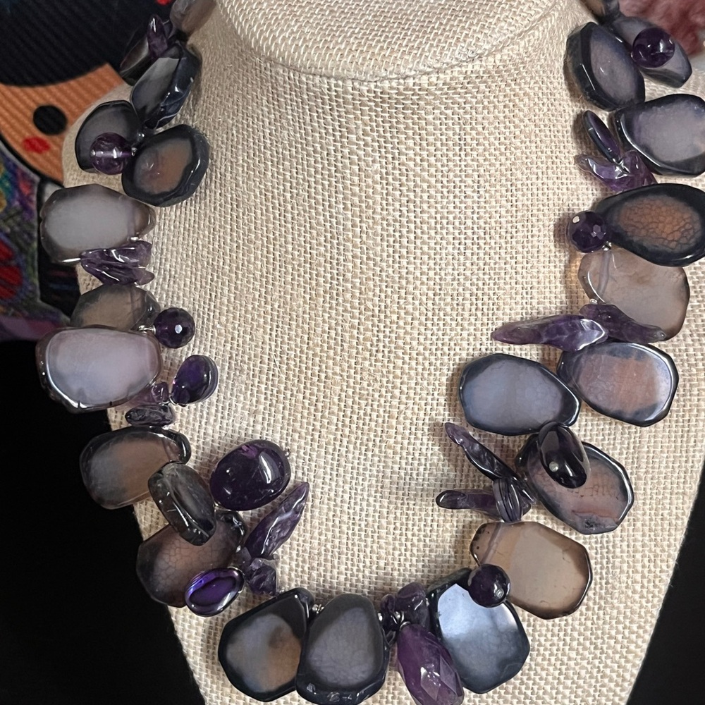Amy Kahn Russel quartz slices amethyst & shell beads Sterling silver necklace